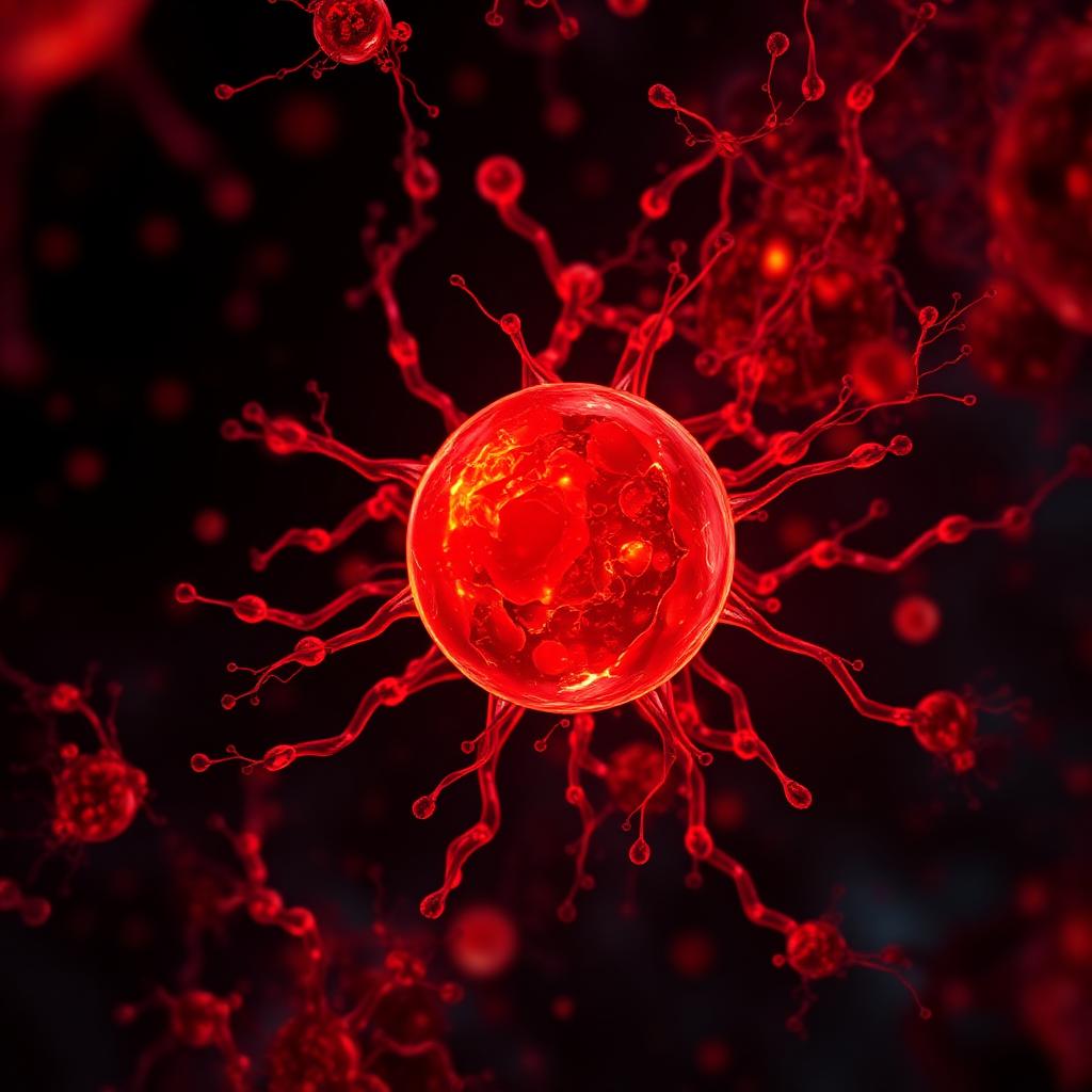 Illustration of a dysregulated cancer cell dividing in an inflamed micro-environment