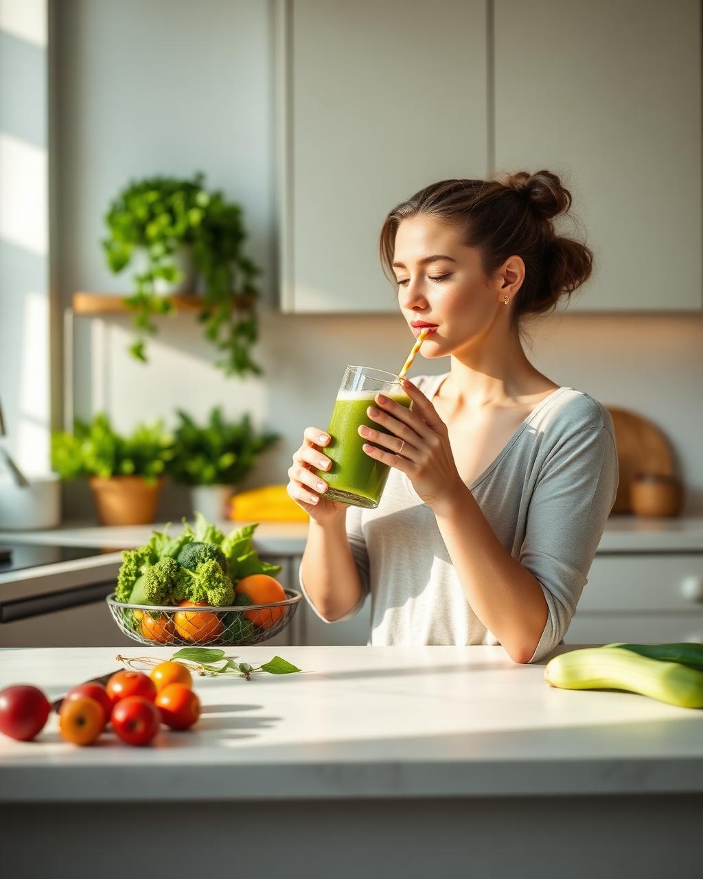 Woman drinking a fresh green smoothie in a bright kitchen