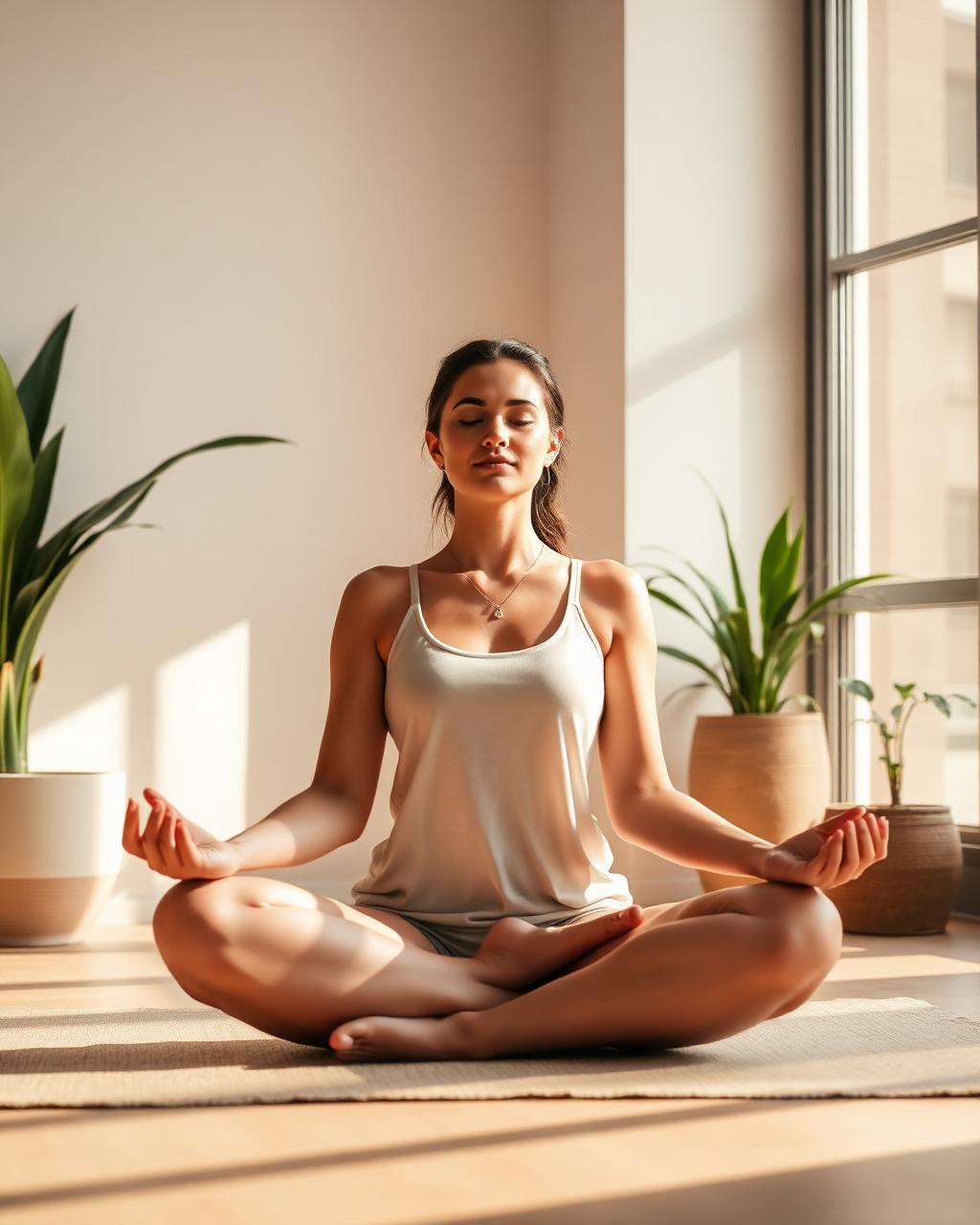 Woman meditating in a sunlit minimalist room
