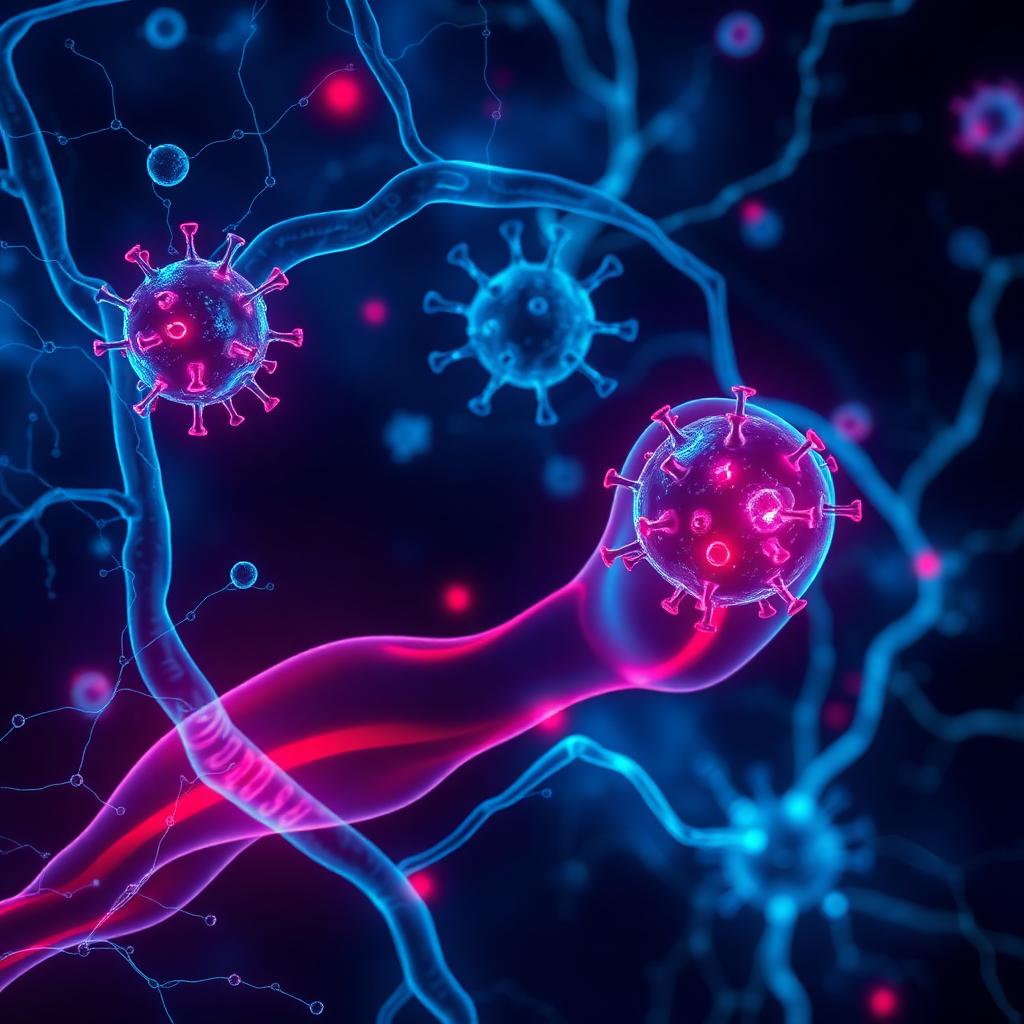 Illustration of persistent viral particles and microclots disrupting blood vessels and nerves